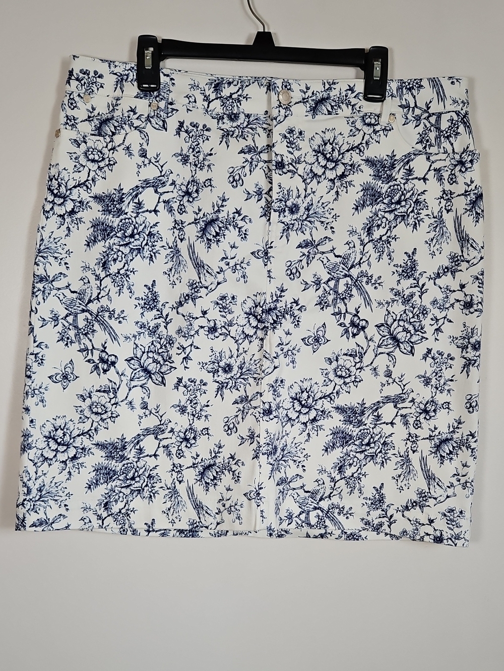 Talbots Toile Print Denim Skirt White Blue Botanical Bird Print Pockets SZ14 W